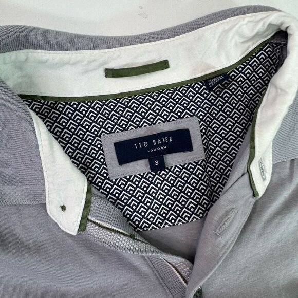 Ted Baker Polo Shirt Mens Medium Ted 3 Gray Birdseye Stripe Collar Pullover - Picture 2 of 8